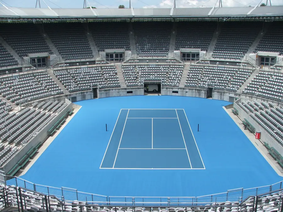 Blue centre court inside the Ken Rosewall Arena show court at Sydney Olympic Park Tennis Centre